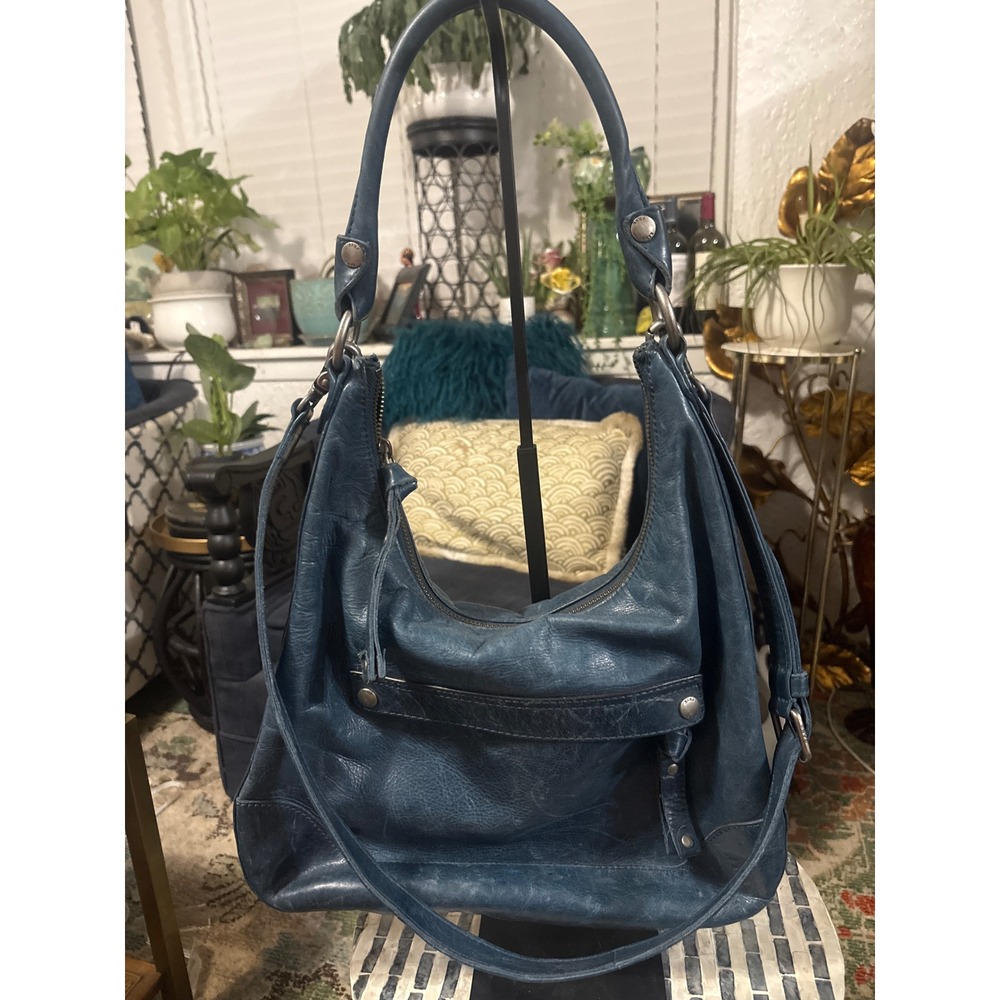 Frye Melissa Teal Blue Distressed Leather Hobo Crossbody Bag